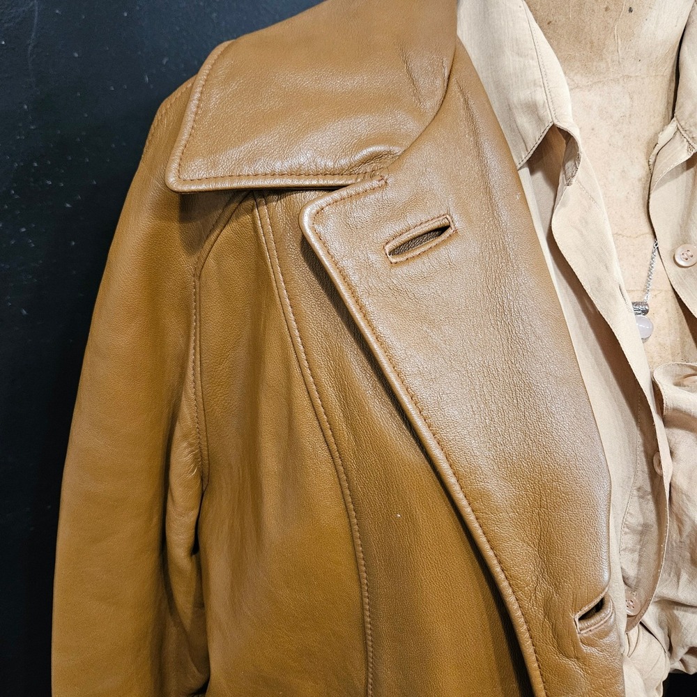 Vintage 70s Genuine Leather Trench Coat Caramel Brown Coast Sportswear Canada - Picture 2 of 6